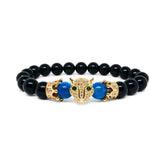 Black Agate Bracelet with 22k Gold Plated Leopard Head