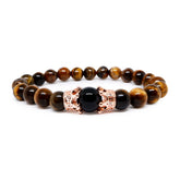 Tiger Eye Bracelet with Black Obsidian & CZ Crown