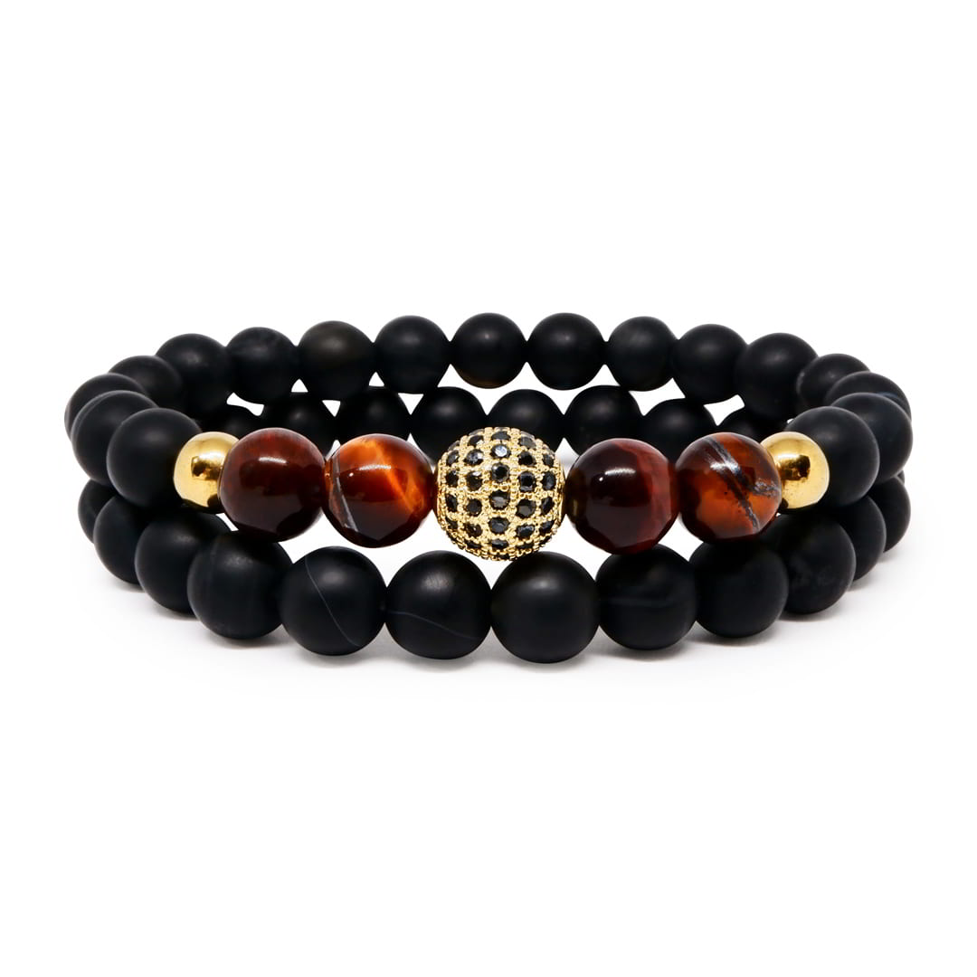Boosts Charisma, helps in achieving good results Tiger Eye Paired Bracelet with Matte Black Agate & CZ Ball