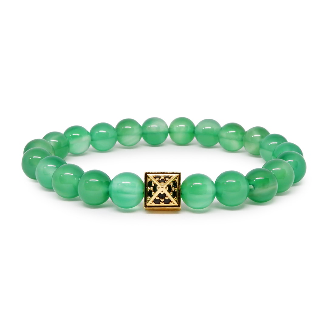 Confidence Prosperity Balance Green Agate Bracelet with CZ Ball/Pyramid