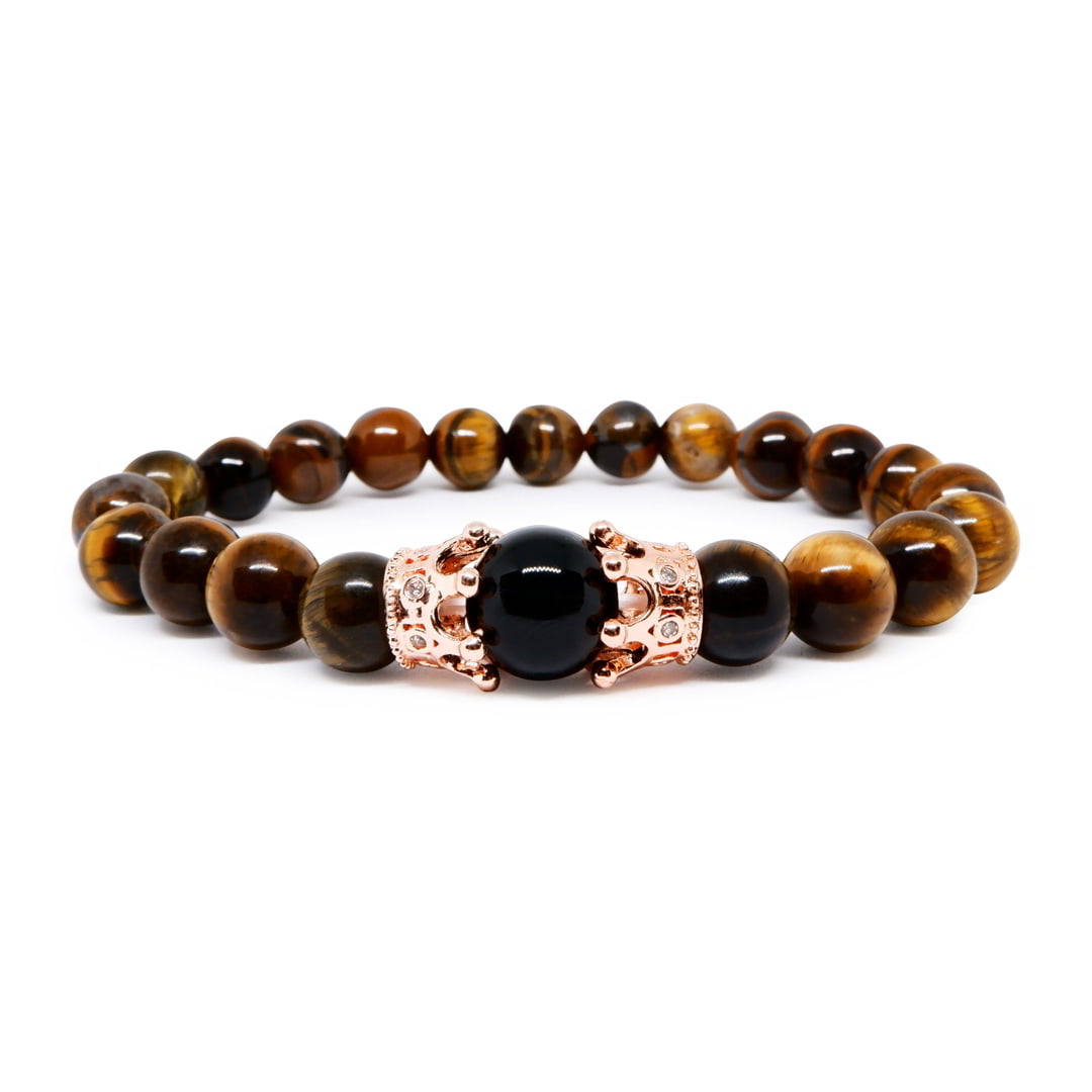 Tiger Eye Bracelet with Black Obsidian & CZ Crown