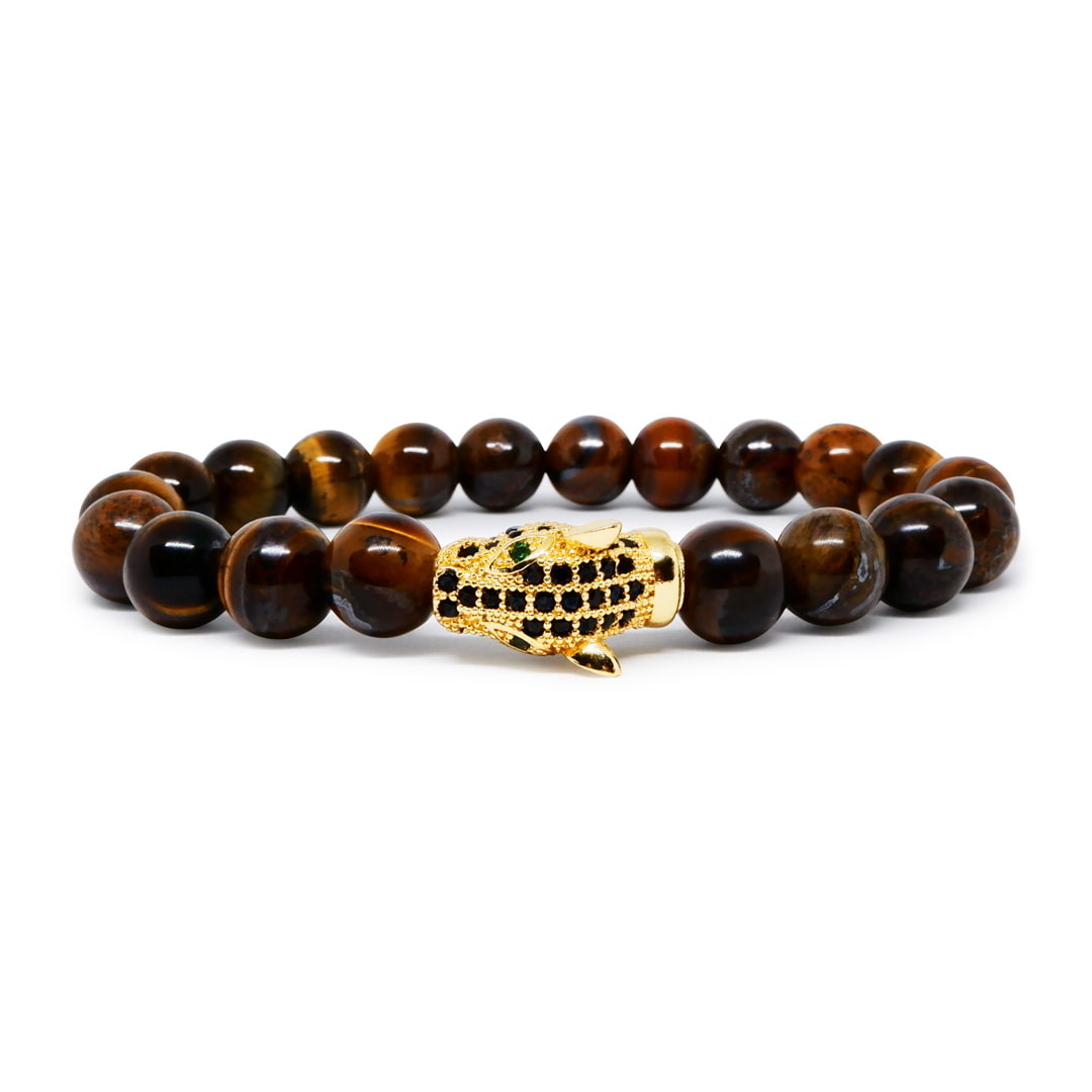 Tiger Eye Bracelet with 22k Gold Plated Jaguar Head