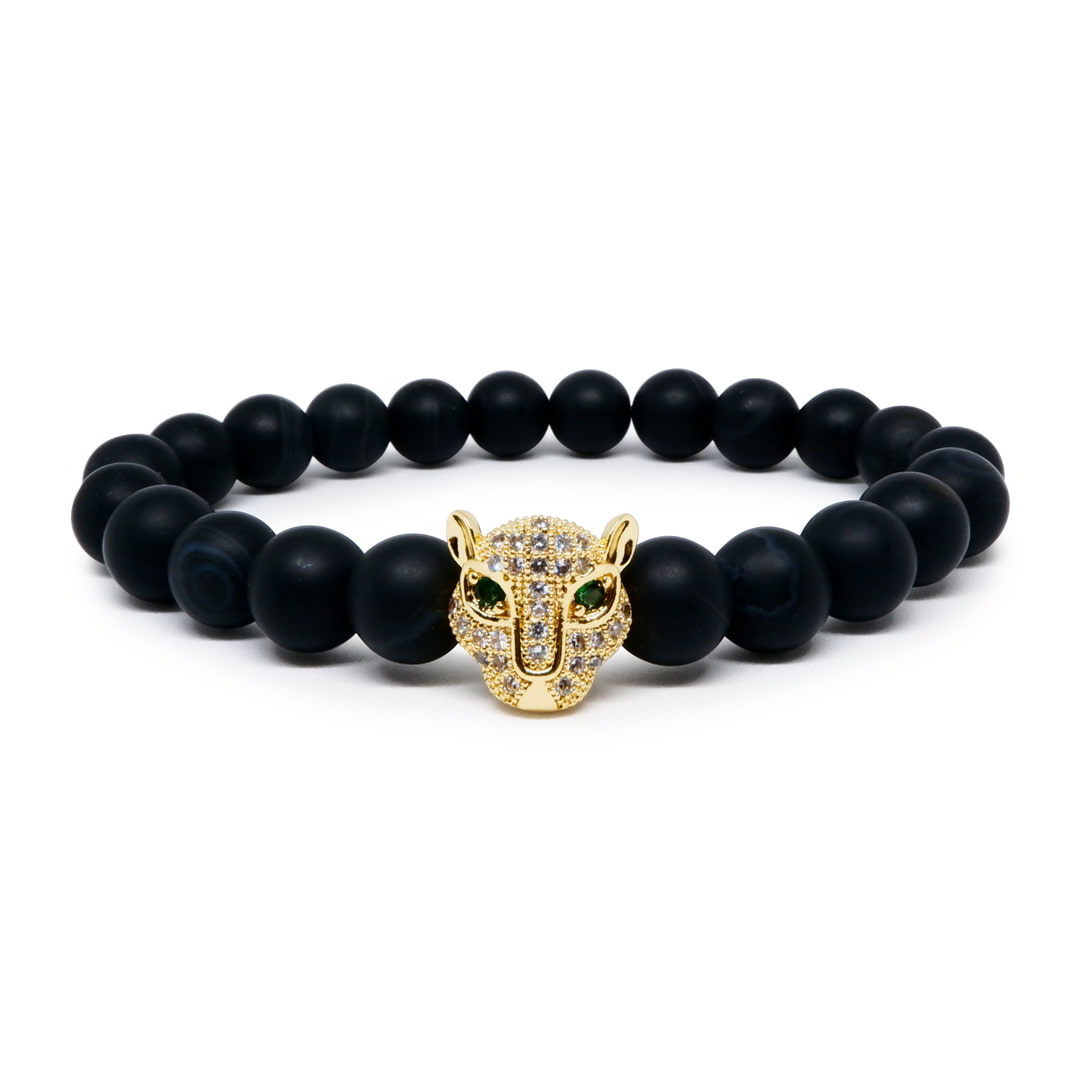 Royal Matte Black Agate Bracelet with 22k Gold Plated CZ Charm