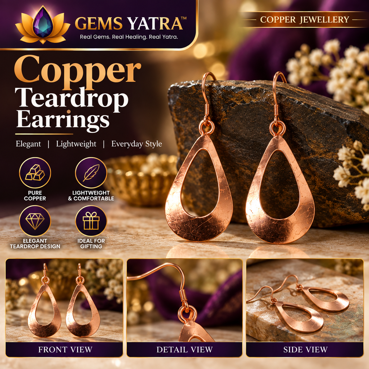 Copper Teardrop Earrings for Women | Traditionally Believed to Support Blood Circulation, Detoxification & Positive Energy