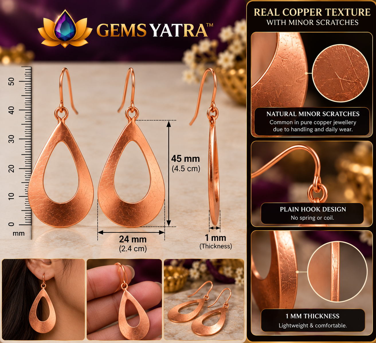 Copper Teardrop Earrings for Women | Traditionally Believed to Support Blood Circulation, Detoxification & Positive Energy