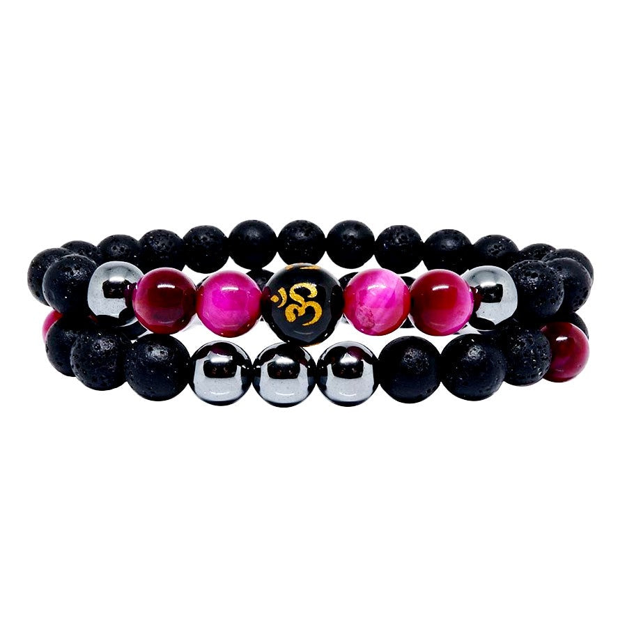 Strength Bracelet Lava Stone Paired with Onyx Om Engraved