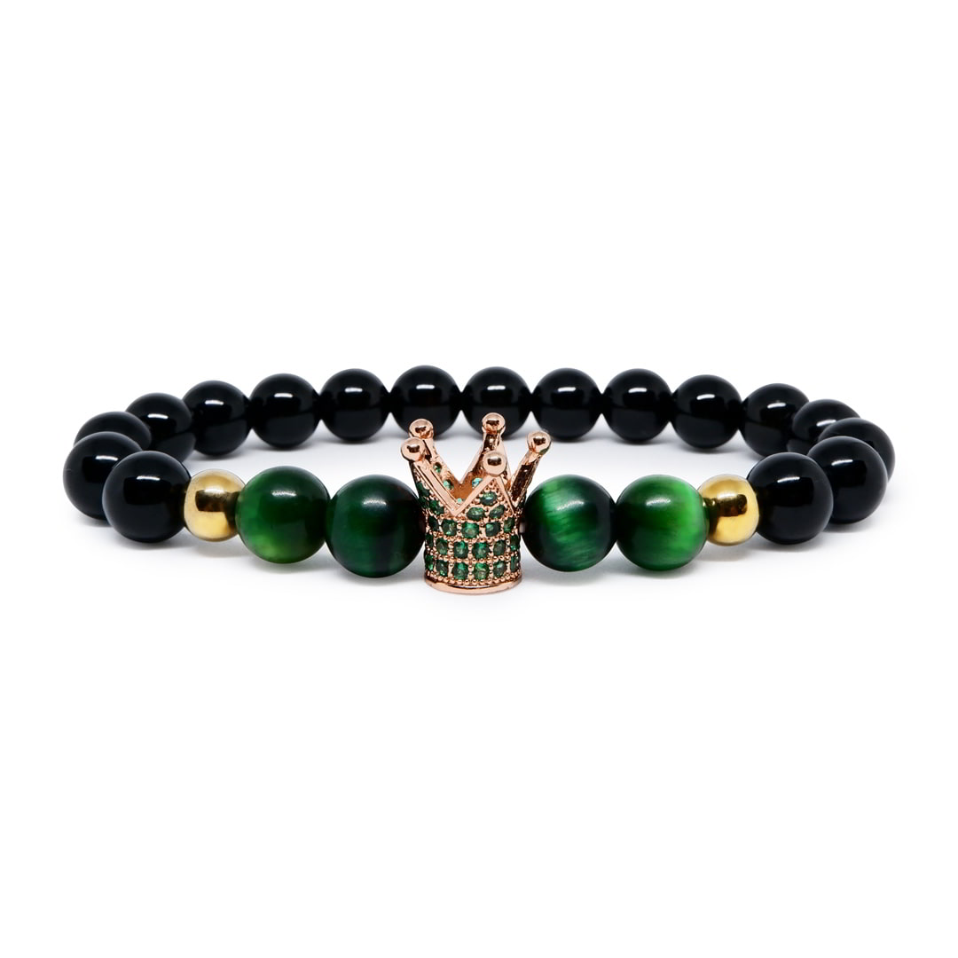 Good Luck Tiger Eye Bracelet with 22k Rose Gold Plated CZ Crown