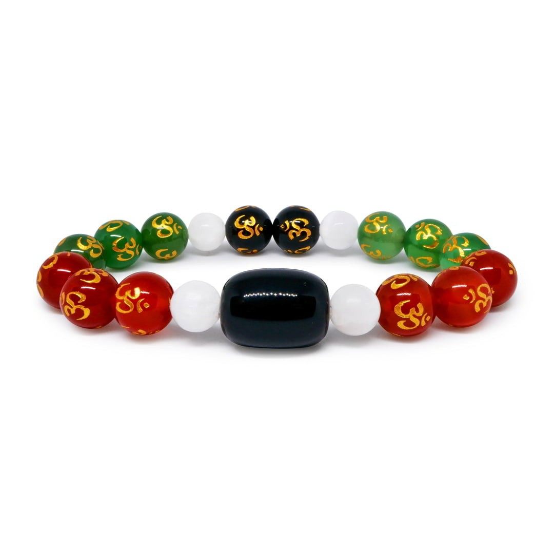 Selenite Bracelet with Onyx Om Engraved Good Luck Bracelet