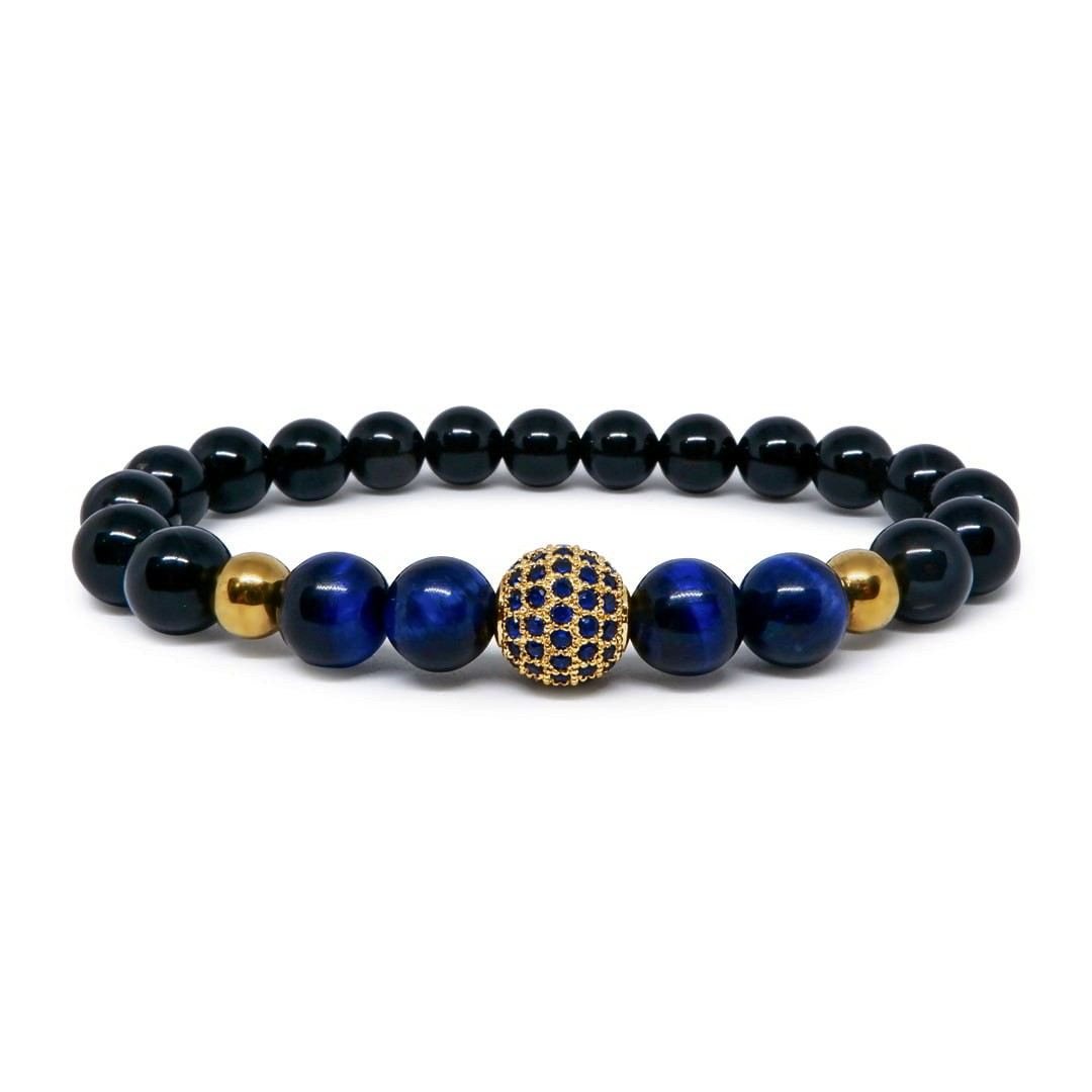 Royal Blue Tiger Eye Bracelet with Black Agate & CZ Crown/Ball