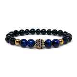 Royal Blue Tiger Eye Bracelet with Black Agate & CZ Crown/Ball
