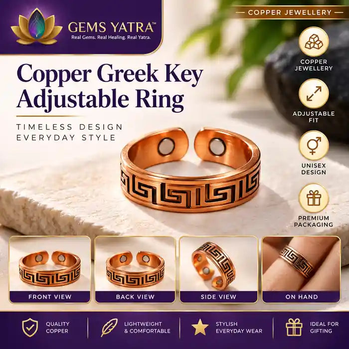 Premium Copper Greek Key Adjustable Ring with Magnet for Men & Women | GemsYatra