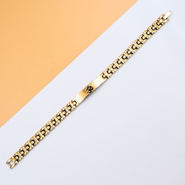 Bring positivity, calms down your senses, relieves tension Om Engraved 22k Gold Plated Chian Bracelet for Unisex