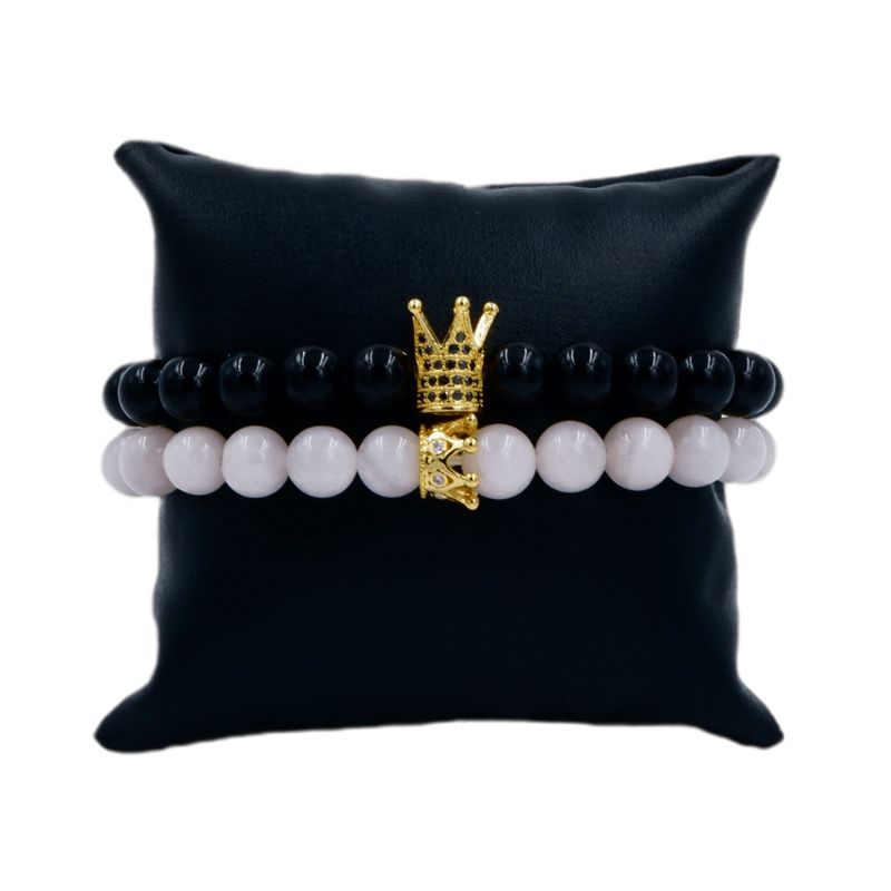 Always & Forever Couple Bracelet with Black Agate, Rose Quartz and CZ Crown