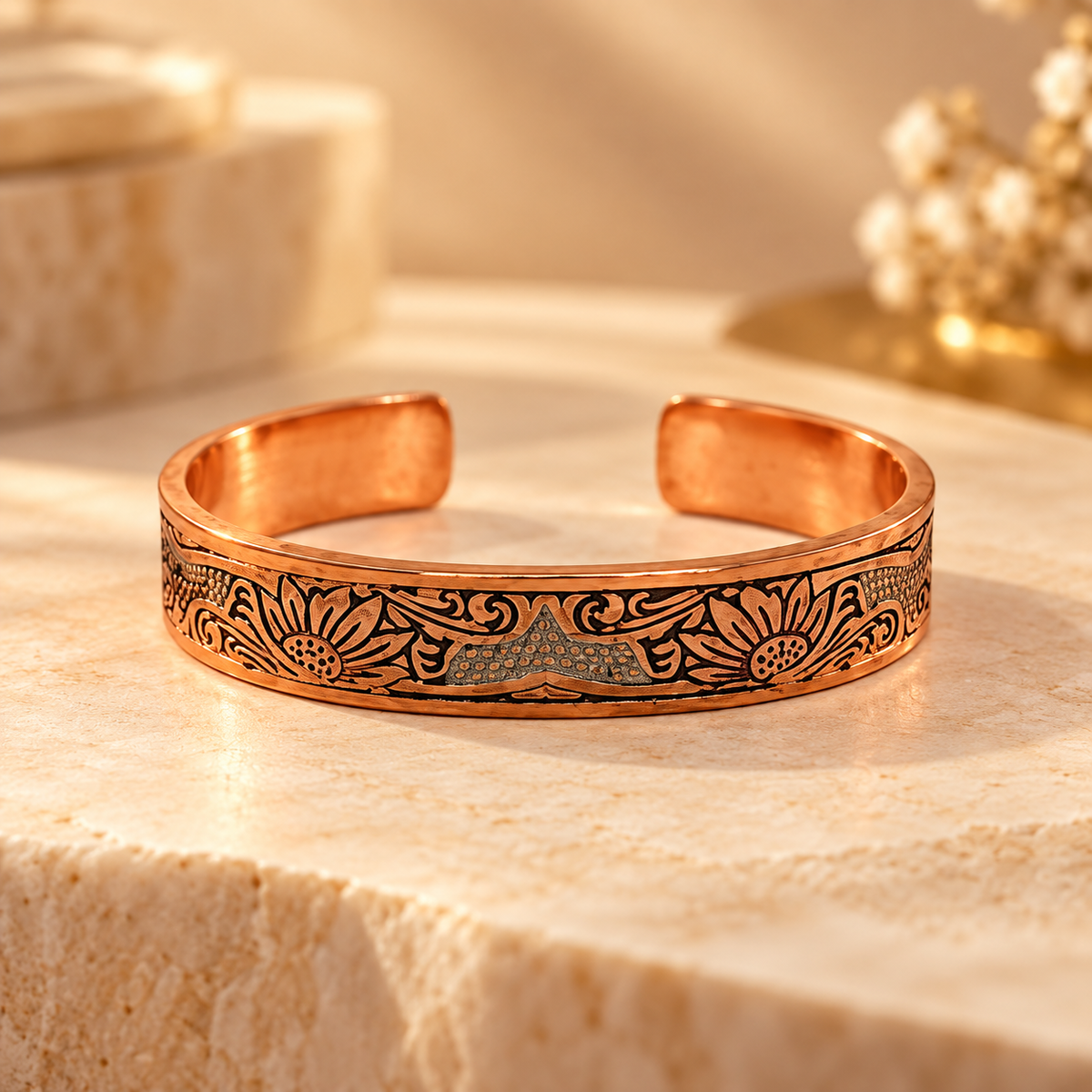 Premium Copper Kada for Men & Women | Designer Tamba Bracelet | Adjustable Open Cuff